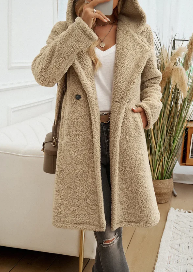 Elegant Women's Plush Hooded Coat – Cozy Winter Overcoat with Lapels