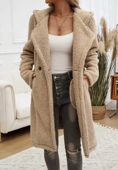 Elegant Women's Plush Hooded Coat – Cozy Winter Overcoat with Lapels