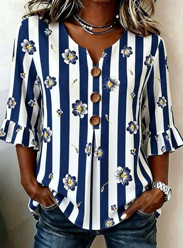Sara Striped Floral Bell Sleeve Blouse - Elena Harper