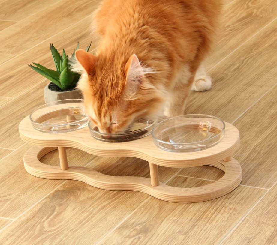 Pet's Elevated Wood & Glass Food Bowl Set with Non-Slip Holder
