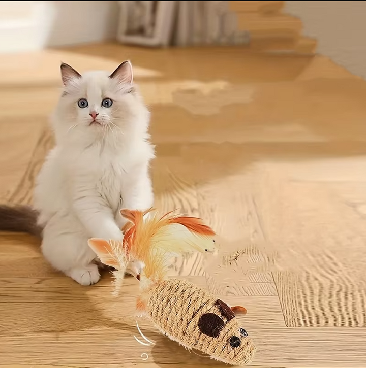Sisal Fish Cat Toy with Feathers for Natural Hunting Fun