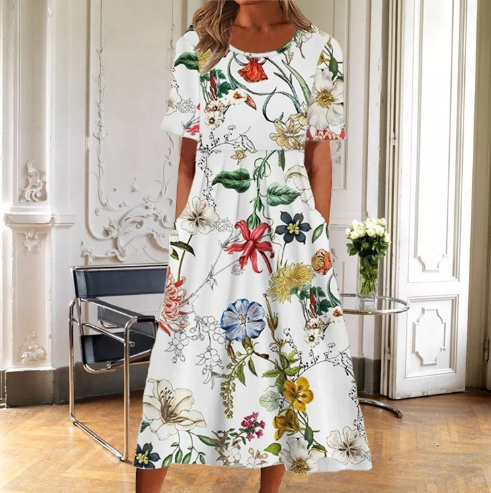 Women's Floral Midi Dress - Short Sleeve Round Neck