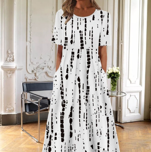 Women's Floral Midi Dress - Short Sleeve Round Neck