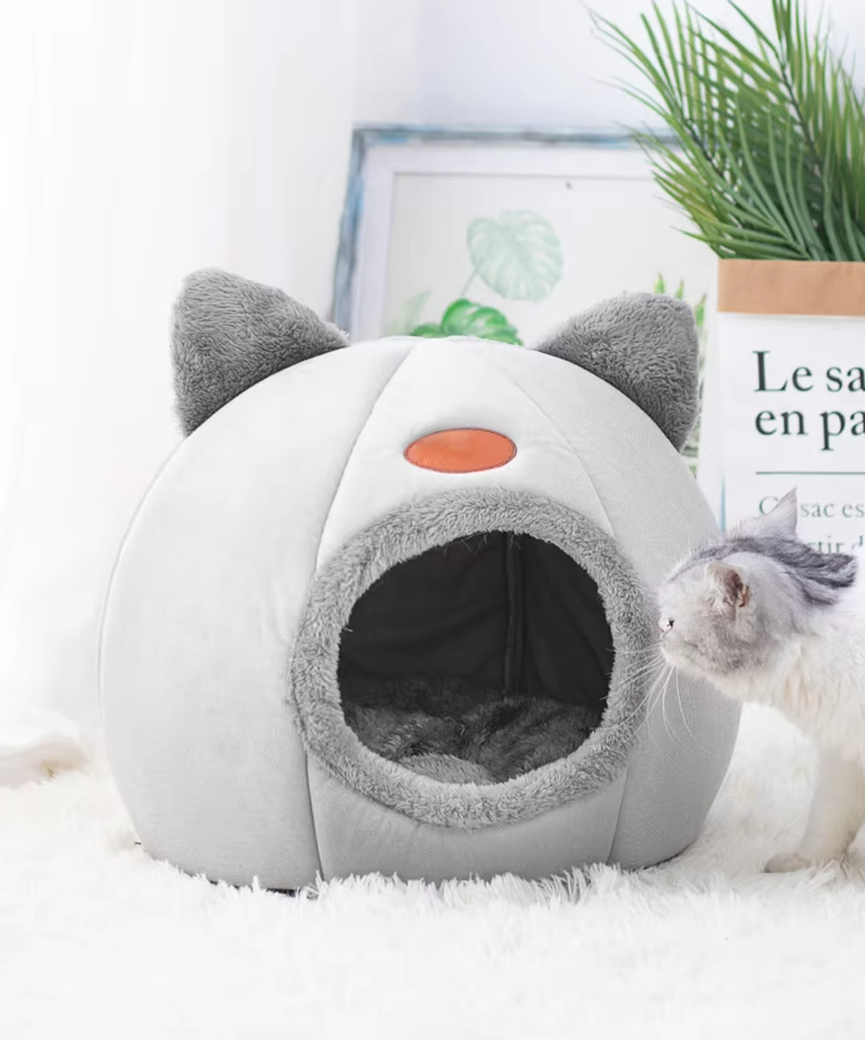 Pet Cat Bed - Warming Cuddly House with Removable Cushion