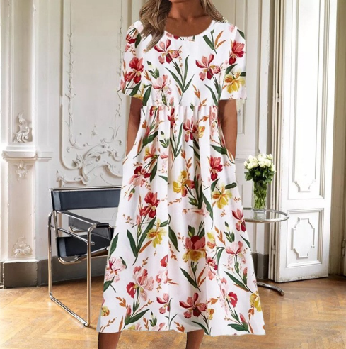Women's Floral Midi Dress - Short Sleeve Round Neck