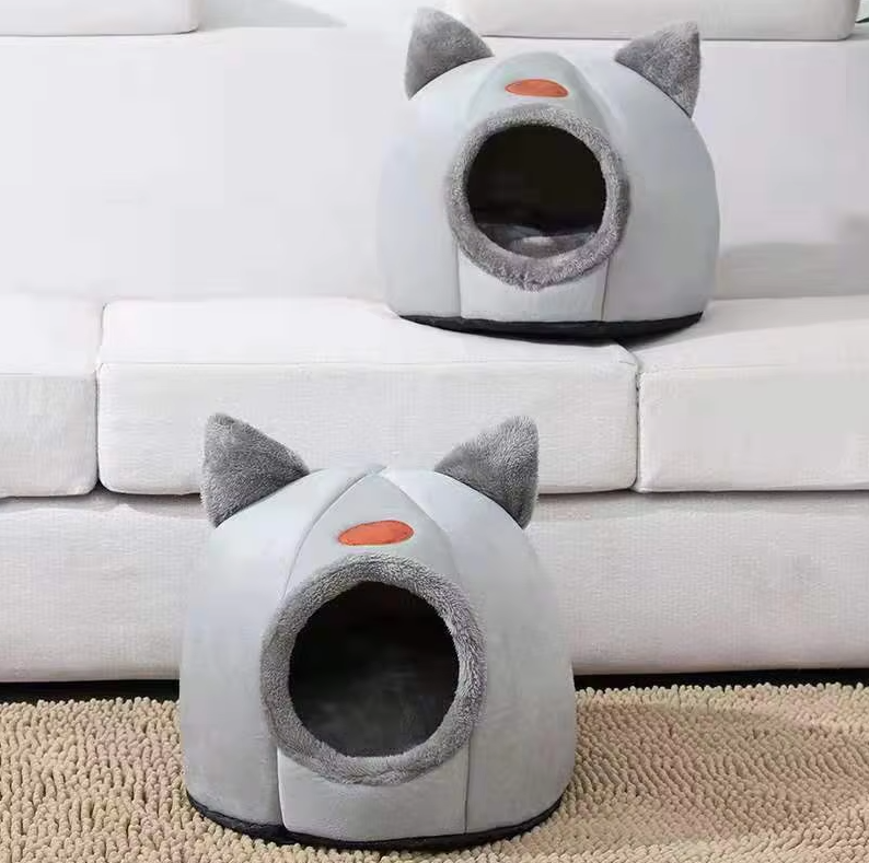 Pet Cat Bed - Warming Cuddly House with Removable Cushion