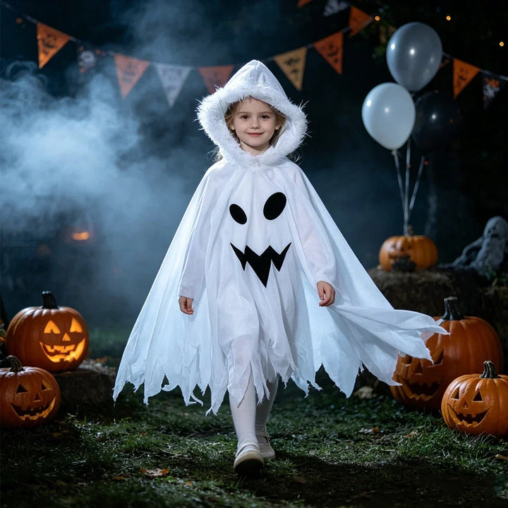 Kids Ghost Costume Halloween - White Cape with Hood
