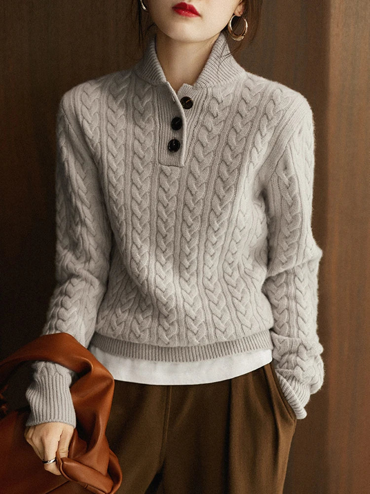Cable Knit Sweater for Women with Button Closure at Neck Regular Fit