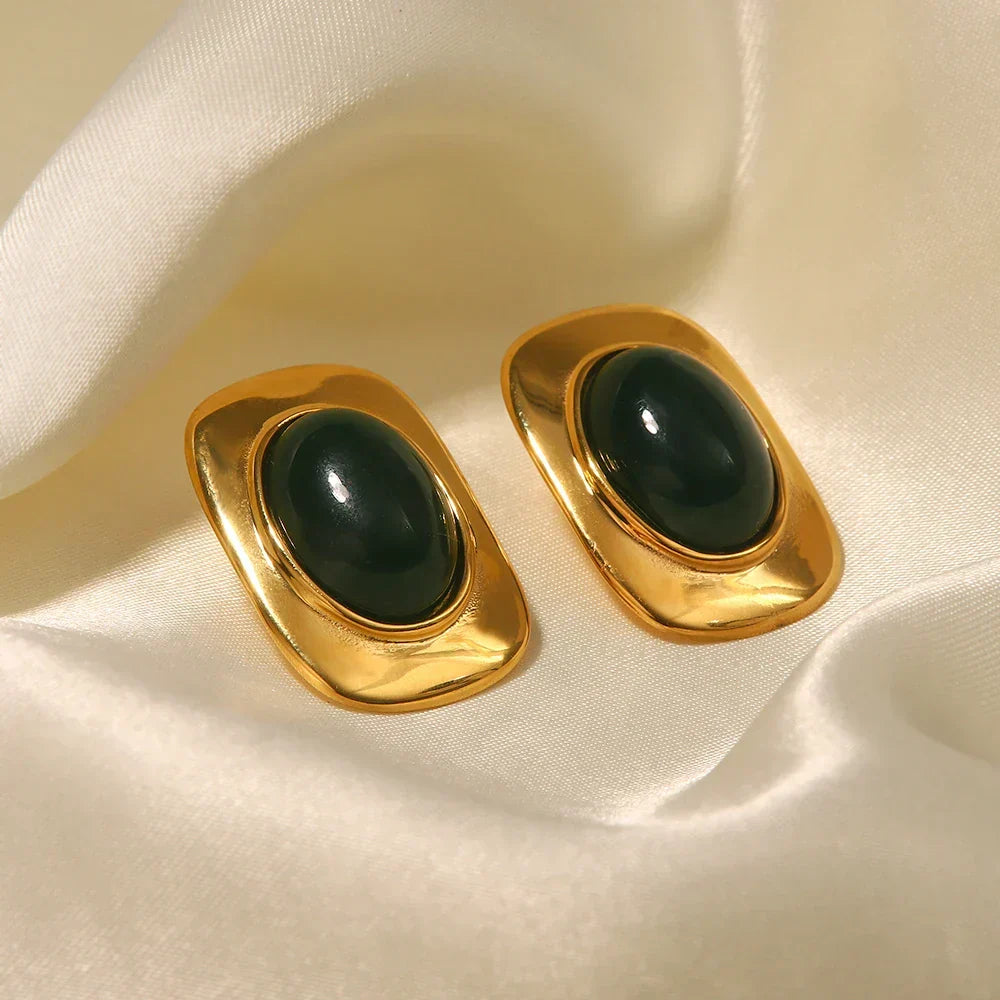 Vintage 18K Gold Plated Green Opal Oval Earrings