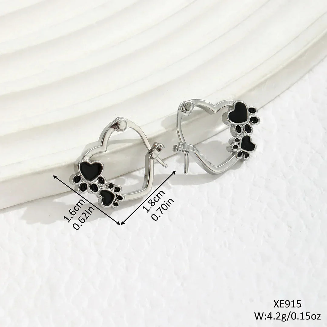 Heart Paw Huggie Earrings with Black Enamel