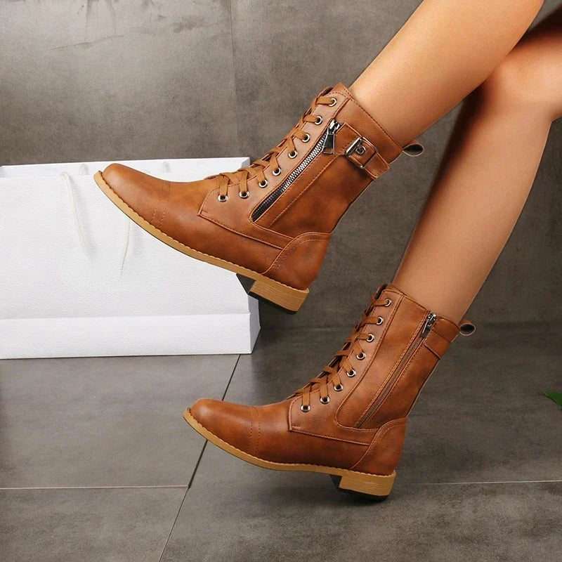 Ladies Mid-Calf Lace-Up Boots with Leather Upper