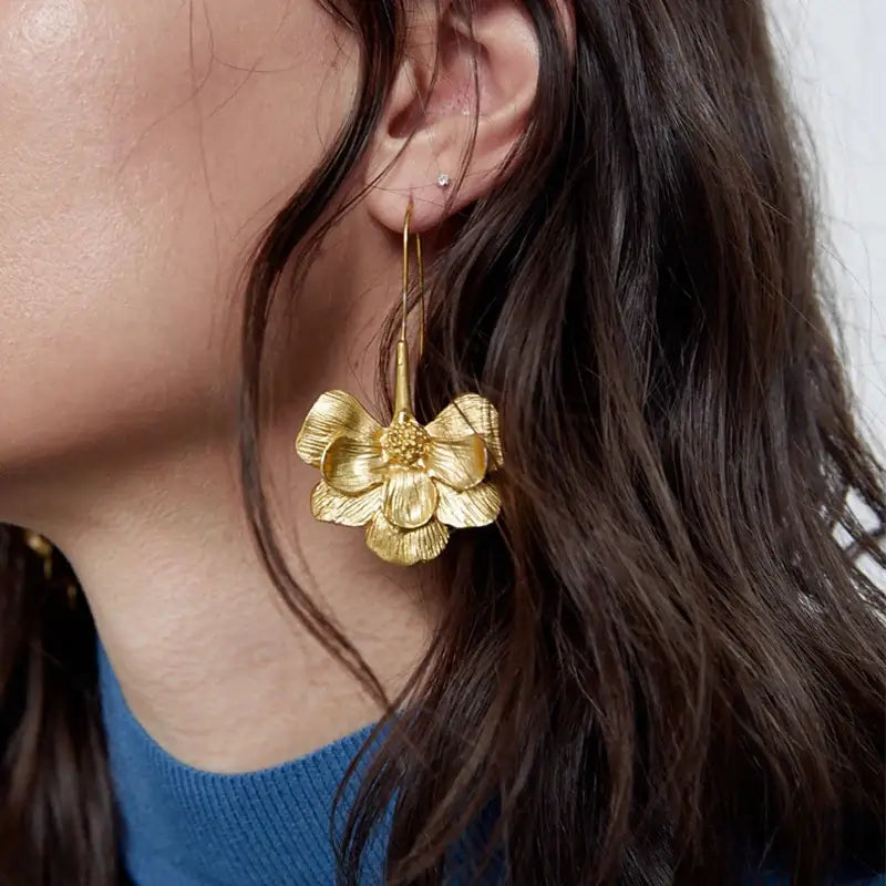 Golden Earring with Hanging Flower!, view 2 - Elena Harper