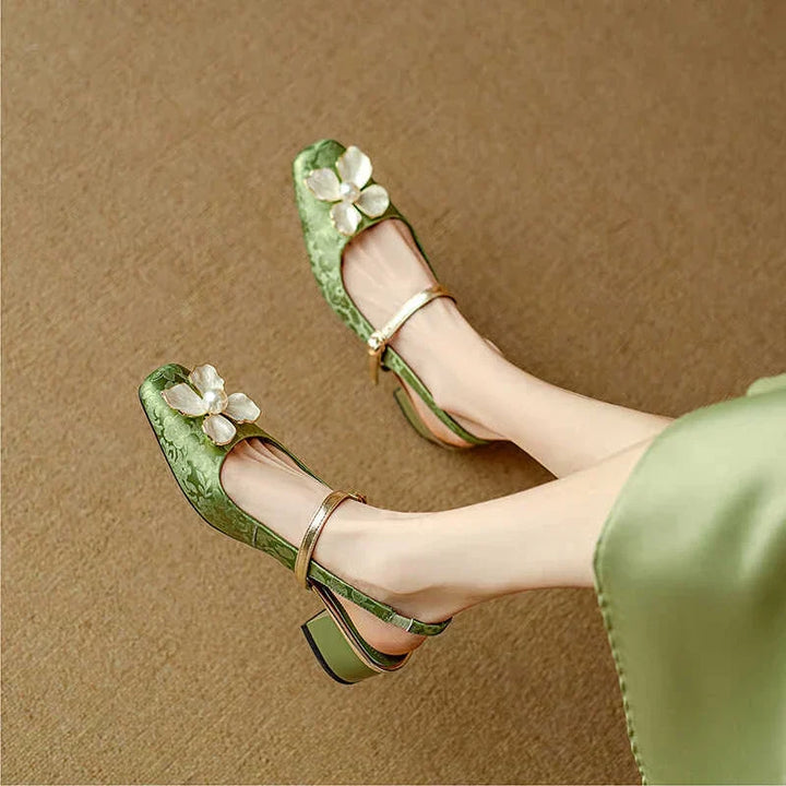 Montarello Floral Slingback Heels for Women with Square Heel