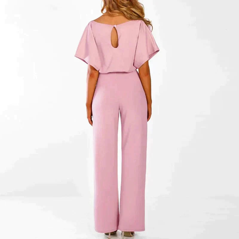 Elegant belted short-sleeve jumpsuit with wide legs for women – Flattering and chic lightweight one-piece outfit