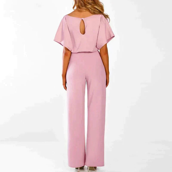 Elegant belted short-sleeve jumpsuit with wide legs for women – Flattering and chic lightweight one-piece outfit
