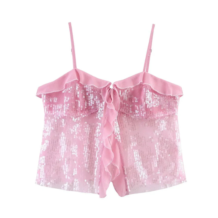 Festive Sequin Women's Top with Bow Closure and Ruffles, view 10 - Elena Harper