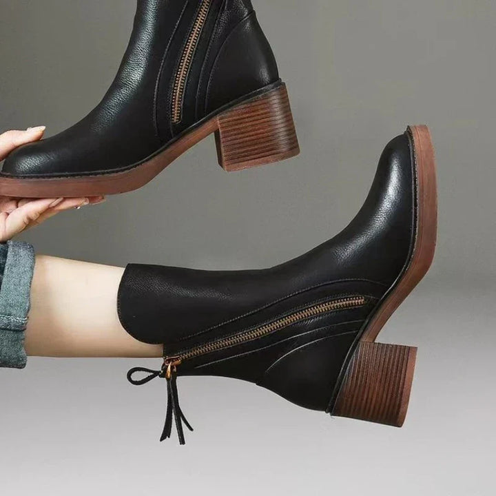 Women's Leather Heeled Ankle Boots – Stylish Ankle Boots with Cushioned Insole and Metal Zip