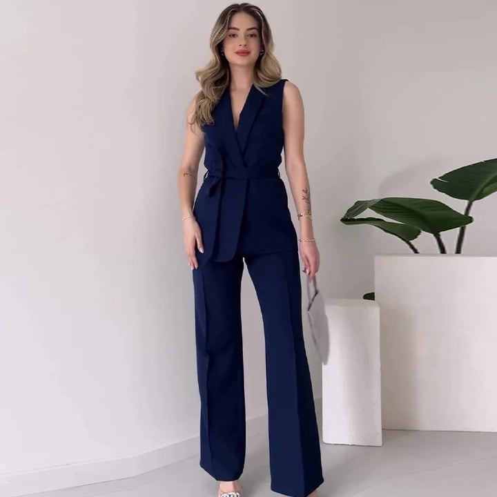 Sleeveless Blazer Suit Tailored Fit Wrap V-Neck Wide Pants Avérine, view 9 - Elena Harper