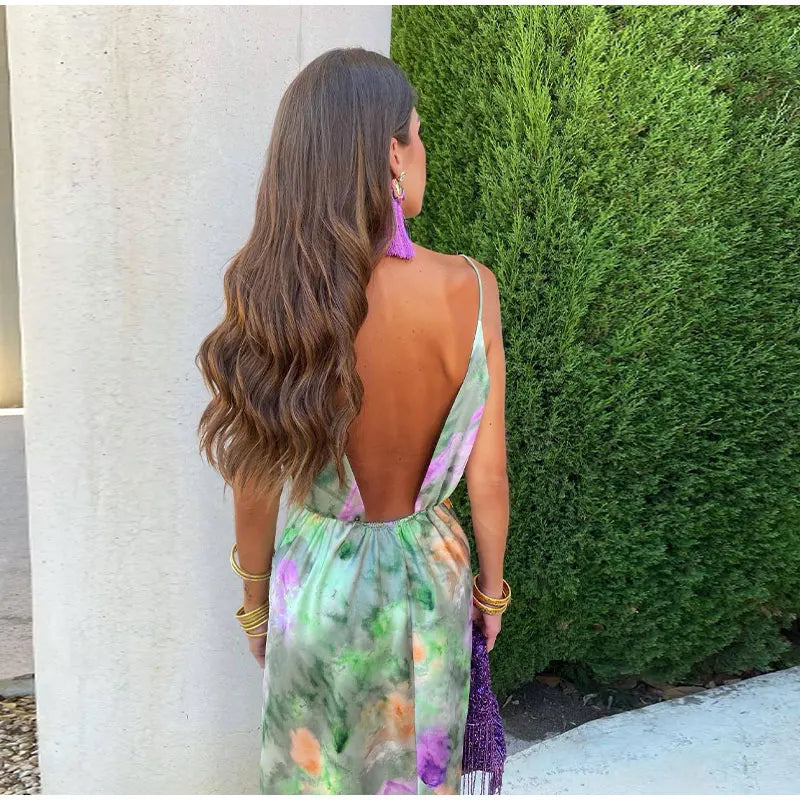 Women's Sexy Halter Tie-Dye Maxi Dress with Removable Bow