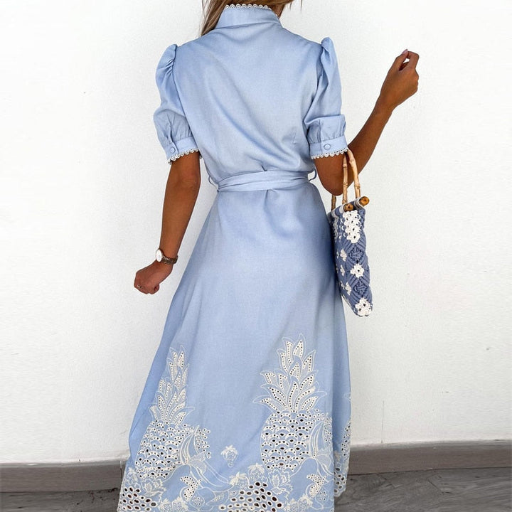 Julitta - Blue Dress with Embroidery and Waist Belt