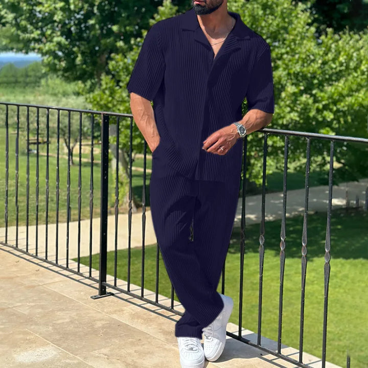 Men's Pleated Two-Piece Shirt & Trousers Set Relaxed Fit, view 5 - Elena Harper