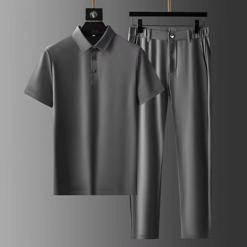 Men's Summer Suit with Short Sleeve Shirt and Pleated Trousers