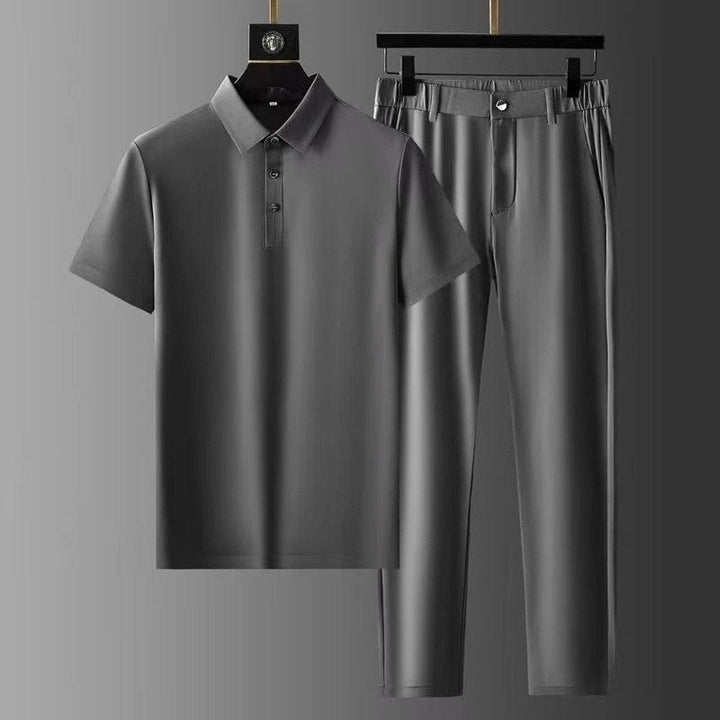 Men's Summer Suit with Short Sleeve Shirt and Pleated Trousers
