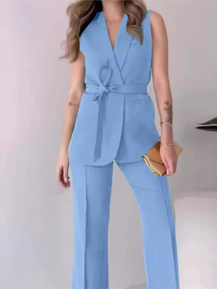 Sleeveless Blazer Suit Tailored Fit Wrap V-Neck Wide Pants Avérine, view 5 - Elena Harper