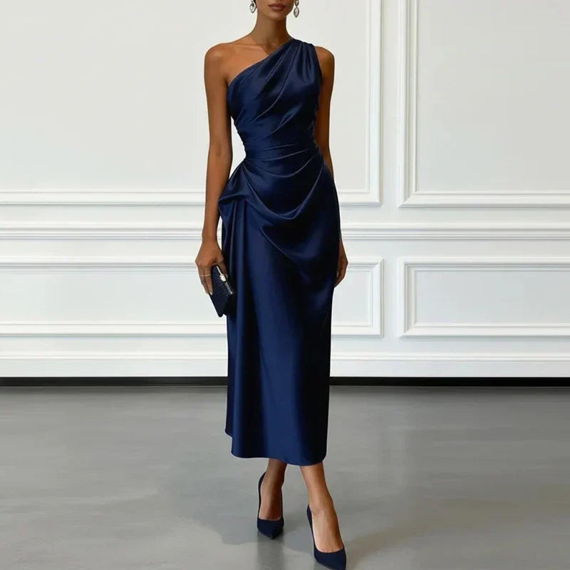 Women's Elegant One-Shoulder Draped Ruched Midi Dress