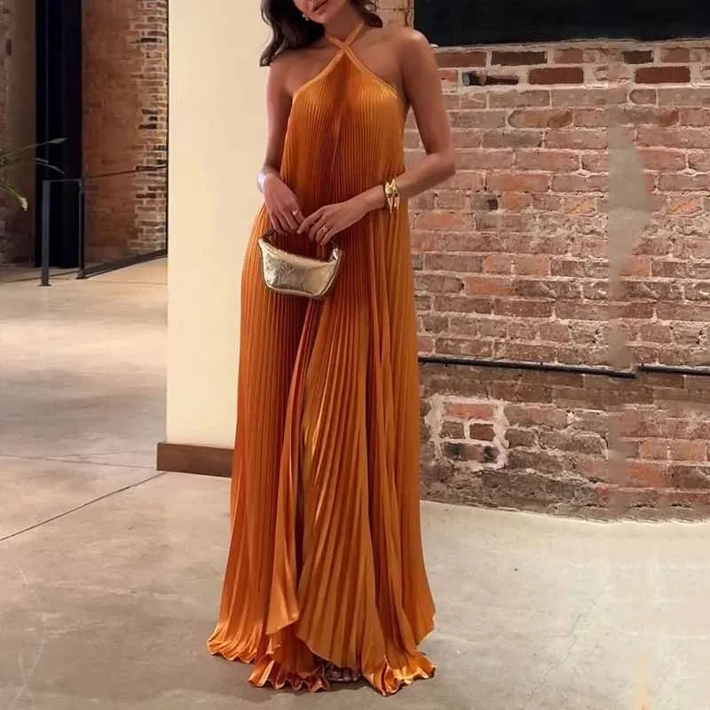 Mira Chic Pleated Halter Neck Maxi Dress - Elena Harper