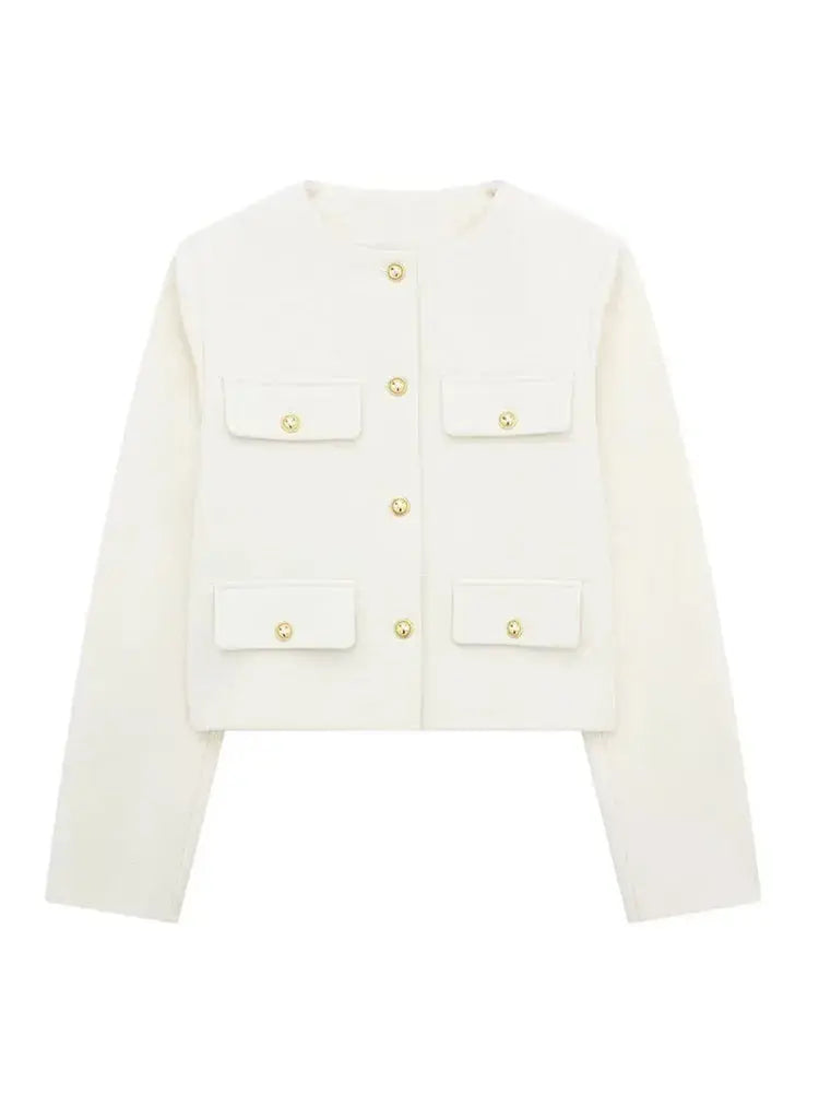 Women's Elegant Textured Cropped Button-Up Jacket