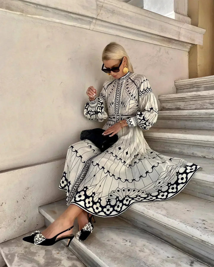 Eulalia Retro Stand Collar Boho Dress - Elena Harper
