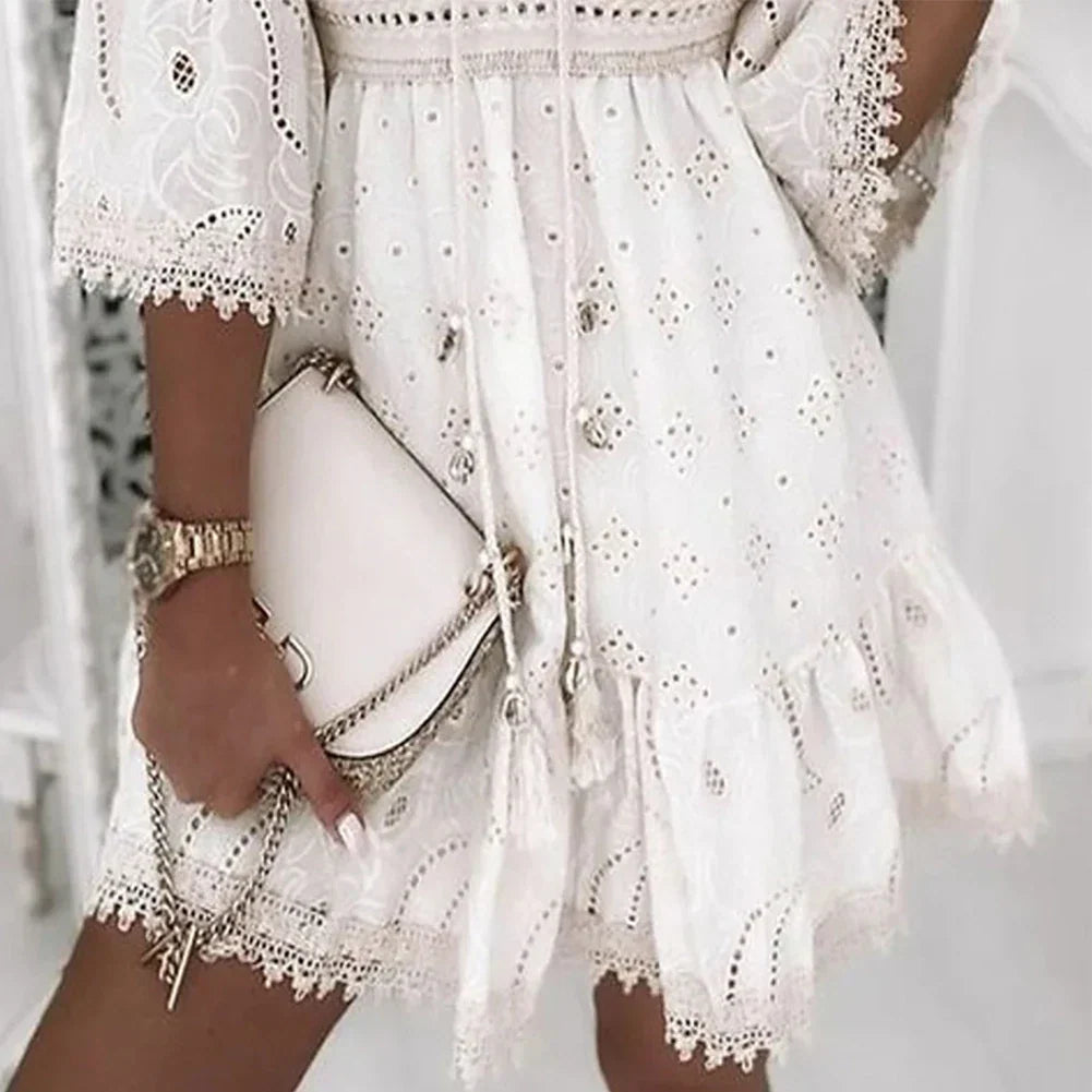 White Embroidered Mini Dress for Women – Elegant Design in Fine Lace