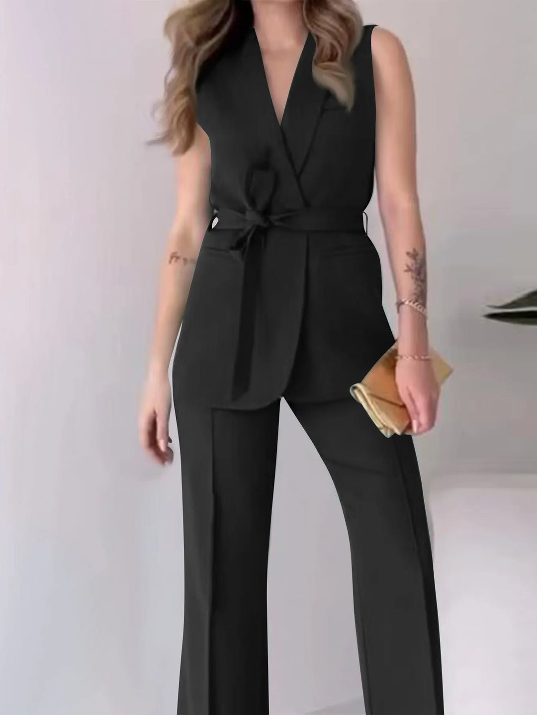 Sleeveless Blazer Suit Tailored Fit Wrap V-Neck Wide Pants – Avérine
