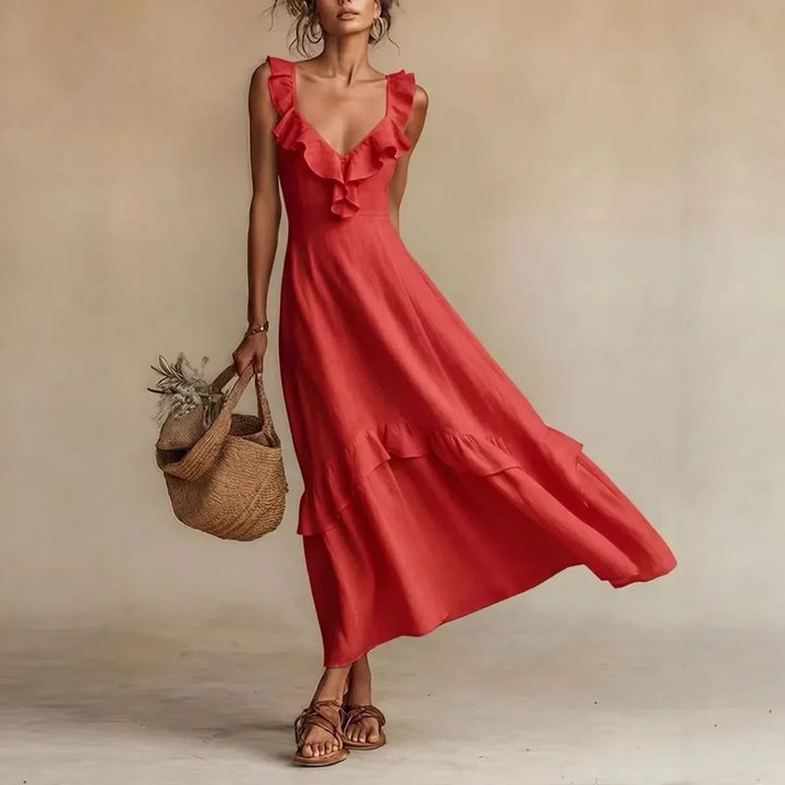 Women's Ruffle Trim A-Line Maxi Dress