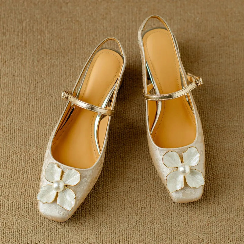 Montarello Floral Slingback Heels for Women with Square Heel