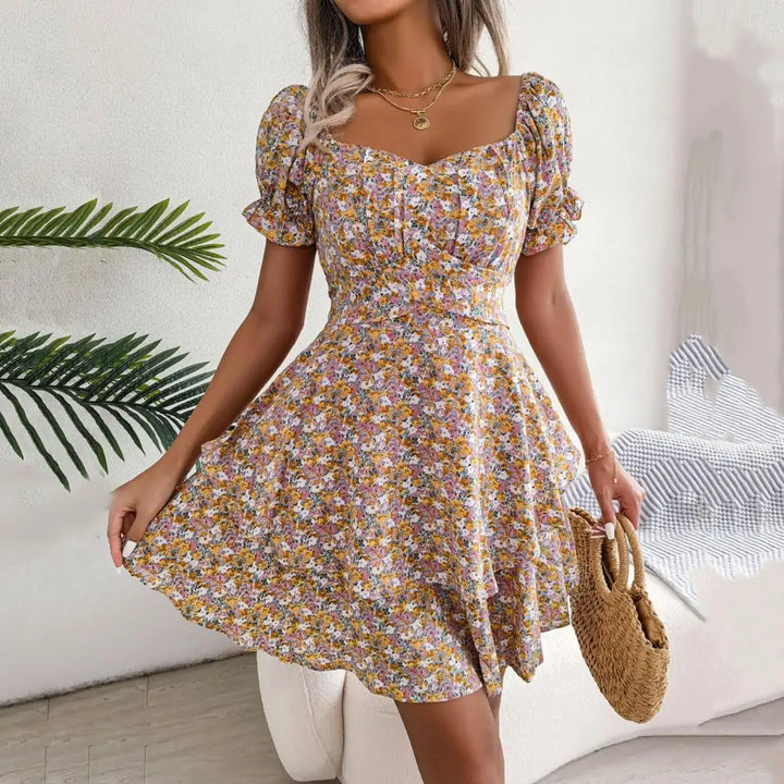 Flower Dress with Square Neckline and Puff Sleeves, view 2 - Elena Harper