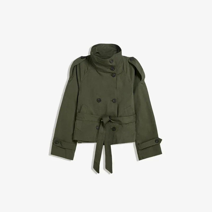 Ladies Double-Breasted Trench Coat with Belt and Stand-Up Collar