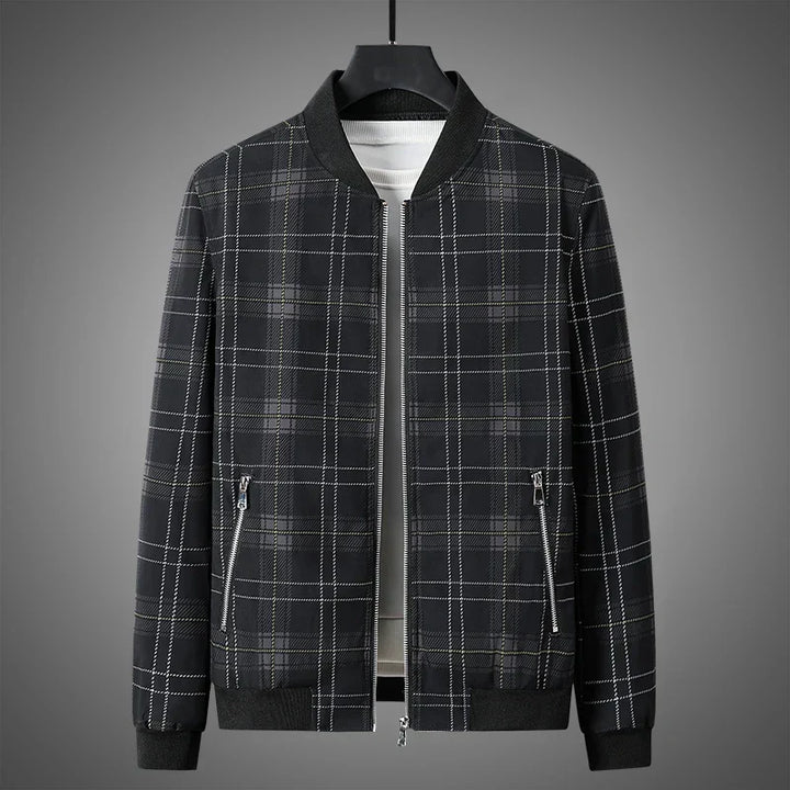 Men's Checkered Bomber Jacket with Front Zip and Ribbed Finishes Autumn Style - Elena Harper