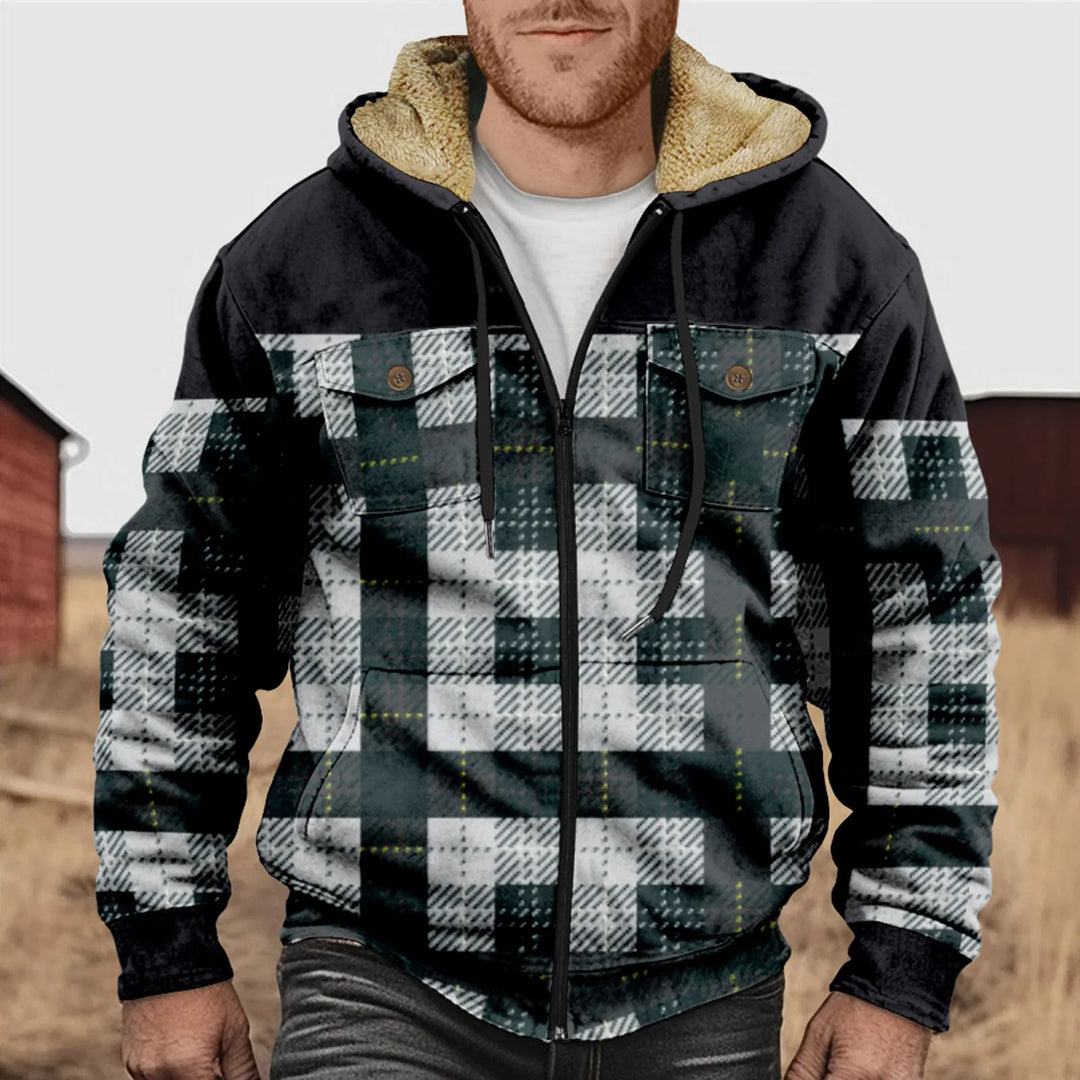 Mano - Men's Flannel Shirt with Fleece Lining - Checkered, with Hood and Button Placket