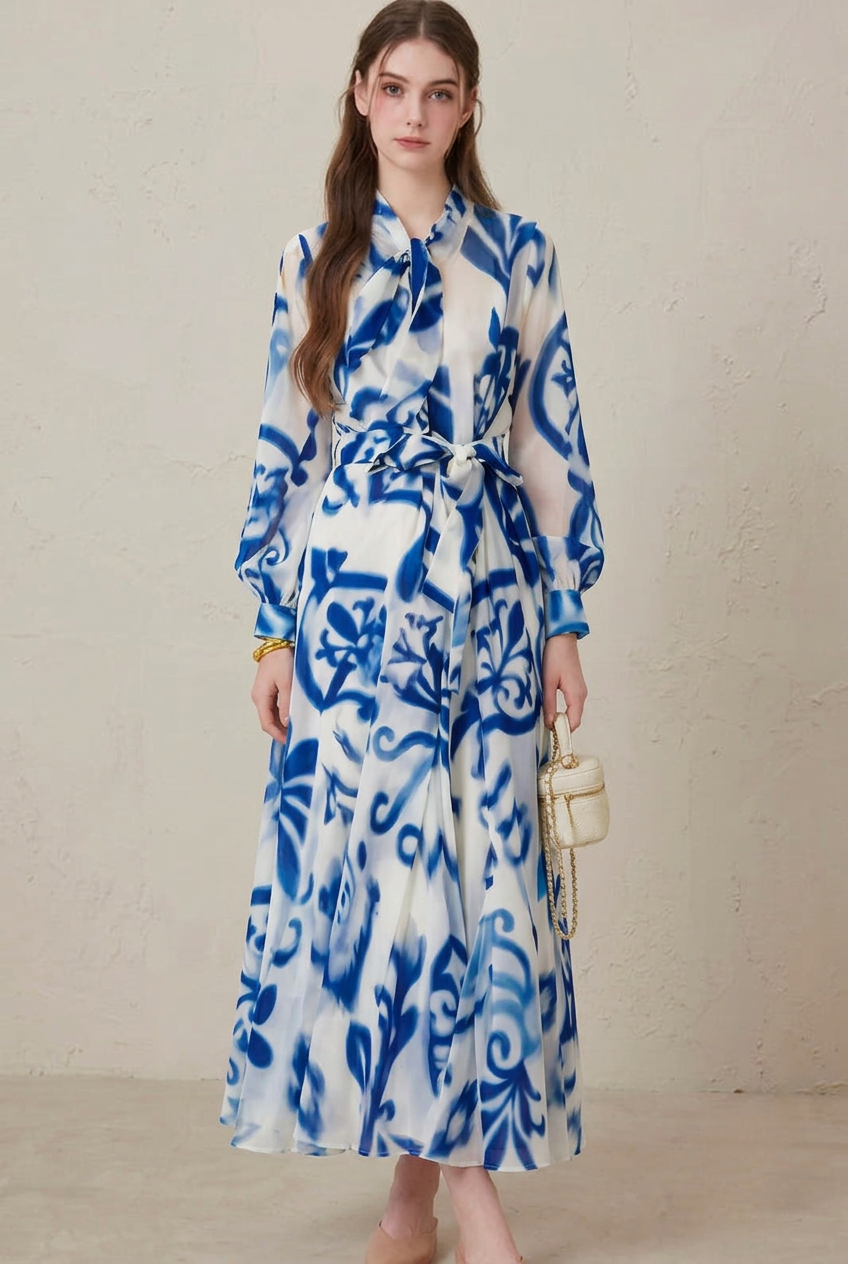 Women's Blue Porcelain Print Long Sleeve Maxi Dress