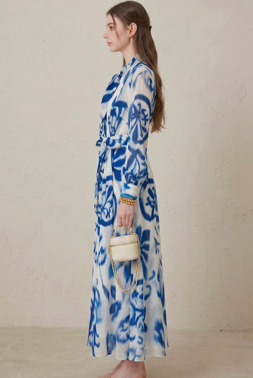 Women's Blue Porcelain Print Long Sleeve Maxi Dress