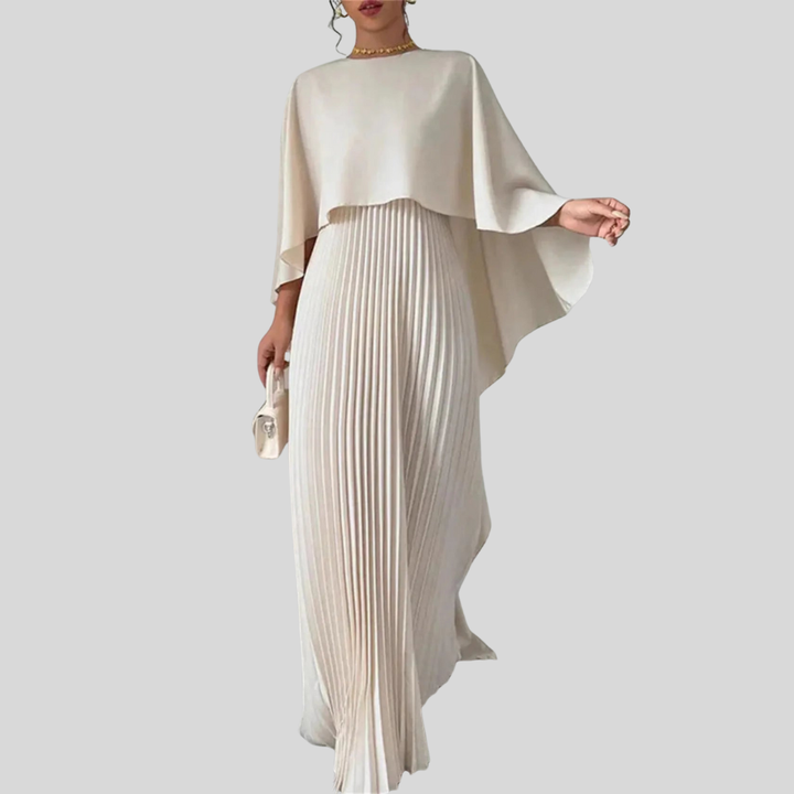 Long Pleated Maxi Dress with Elegant Cape for Women