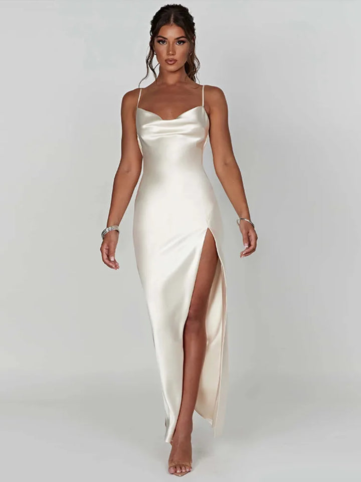 Long satin backless dress with thin straps | Ideal for spring and summer