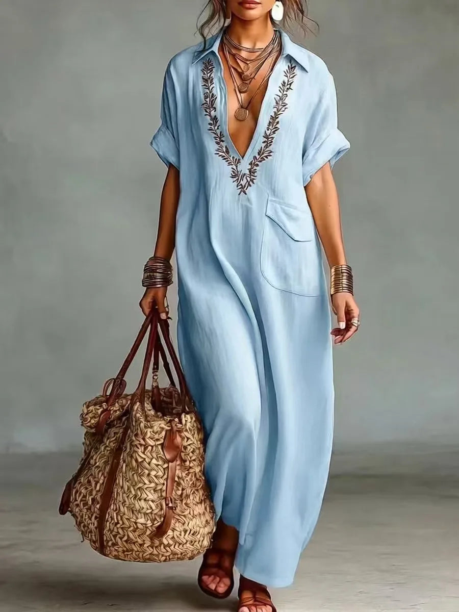 Embroidered women's kaftan dress with V-neck and loose fit