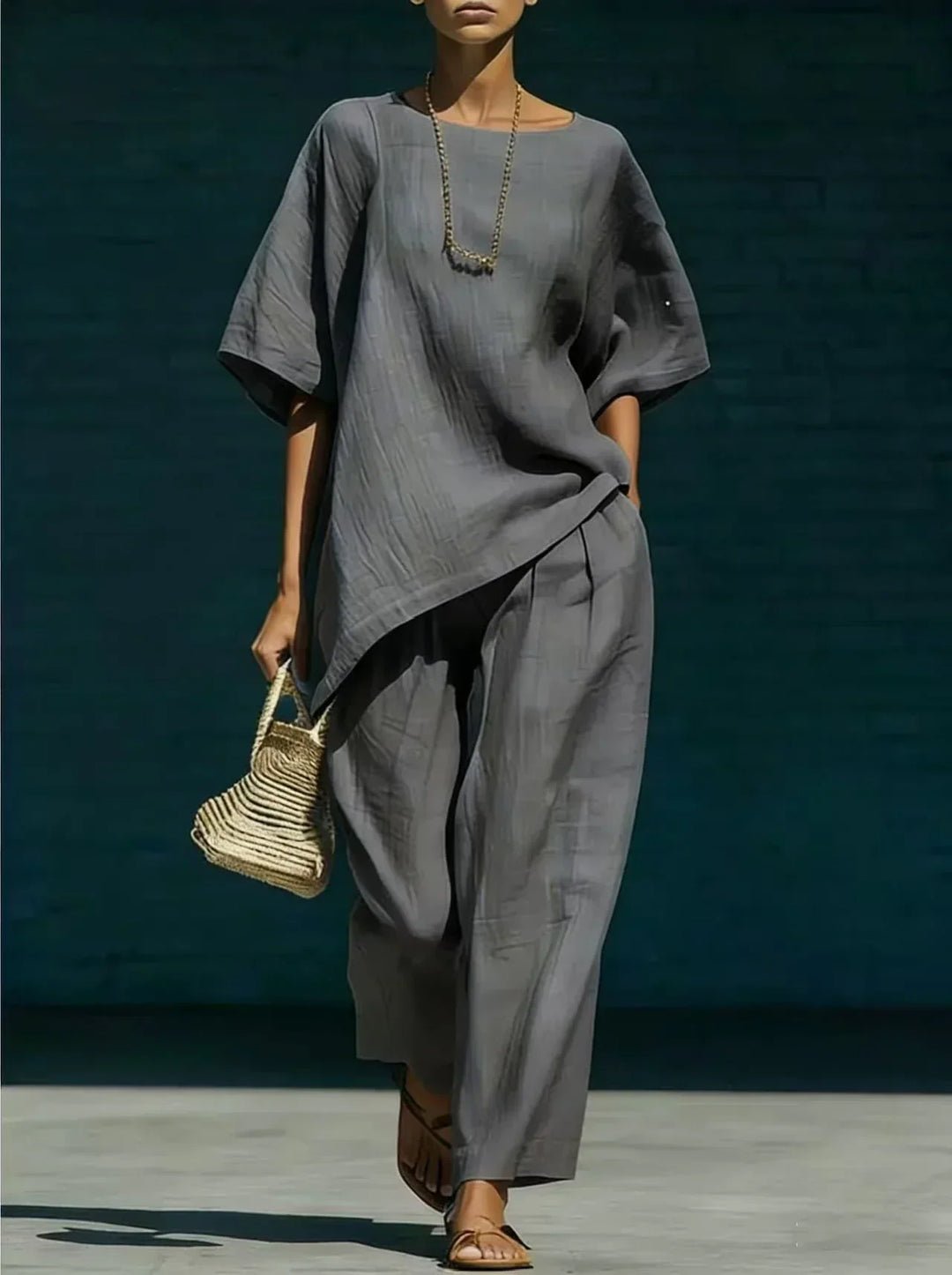 Ladies Linen Mix Set Asymmetric Top with Wide Leg Pants, view 6 - Elena Harper