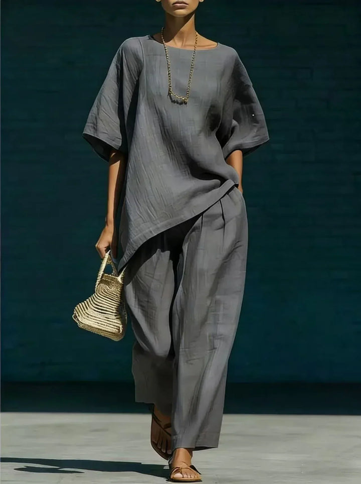 Ladies Linen Mix Set Asymmetric Top with Wide Leg Pants, view 6 - Elena Harper