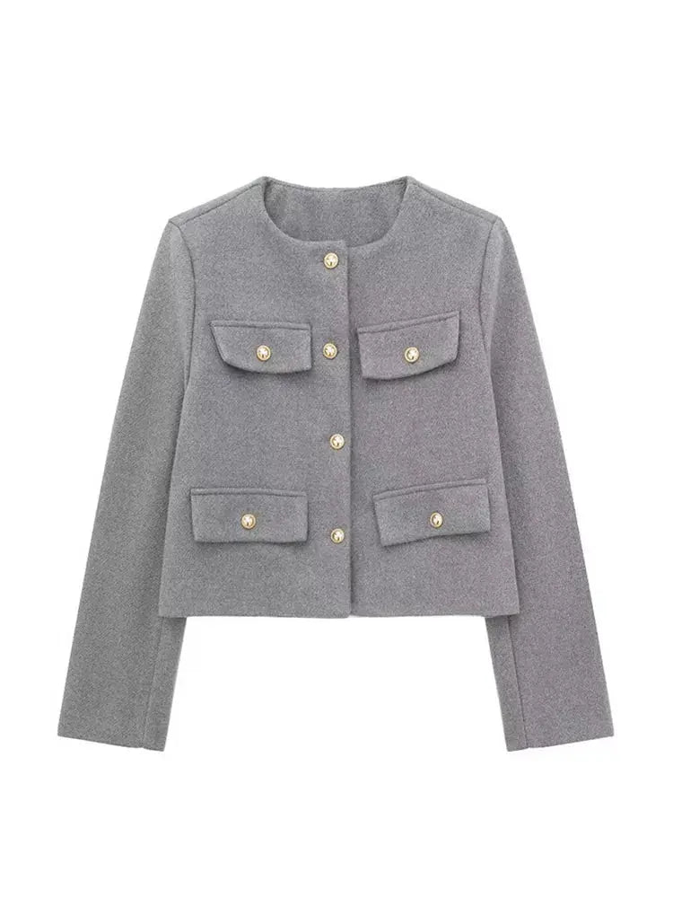 Women's Elegant Textured Cropped Button-Up Jacket