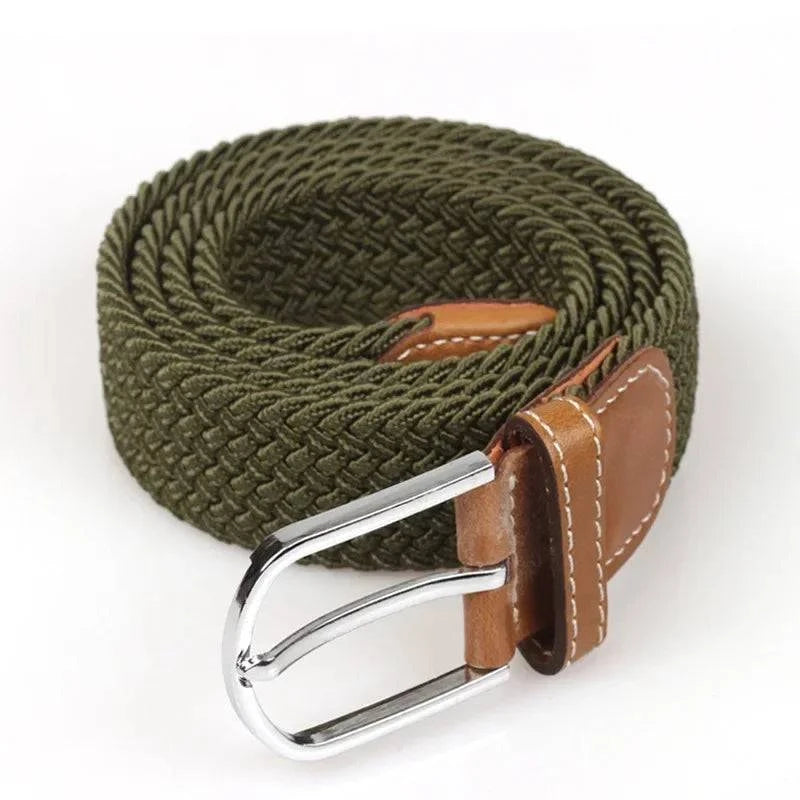 Mauro™ braided leather belt by Emma & Rose Manhattan, featuring a stylish woven design and metal buckle, on a neutral background.