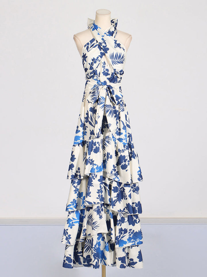 Maxi floral halter dress with ruffles in blue and white - Yery